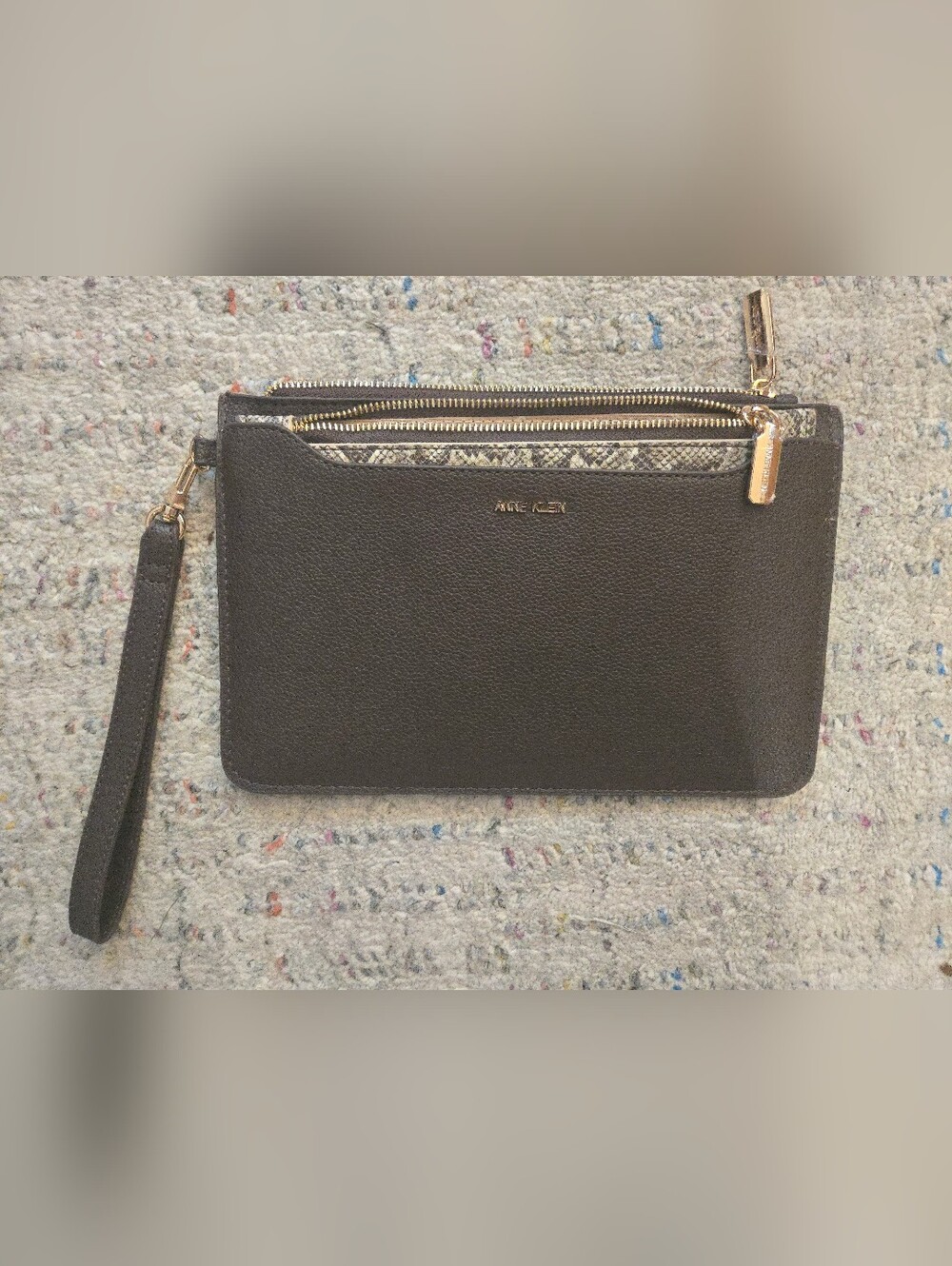 Anne Klein Brown and Snake Skin Print Wristlet with Removable Pouch.